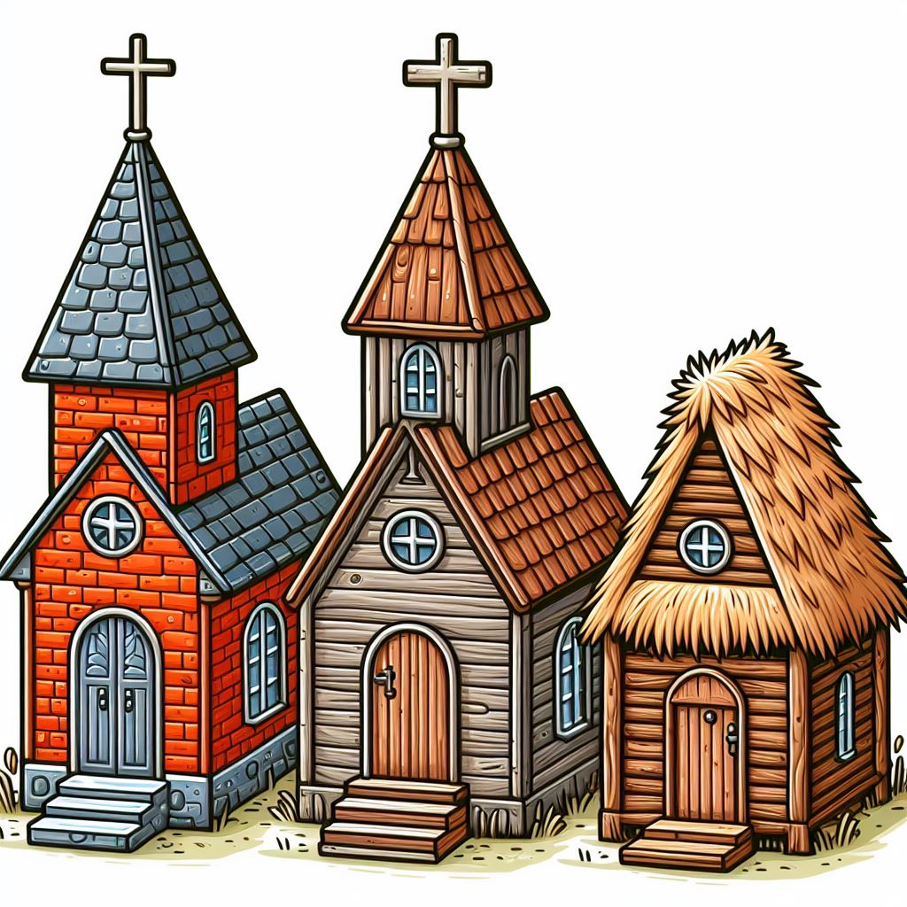 Three churches: one made of brick, one of wood, one of straw. Cartoon by Bing AI. 